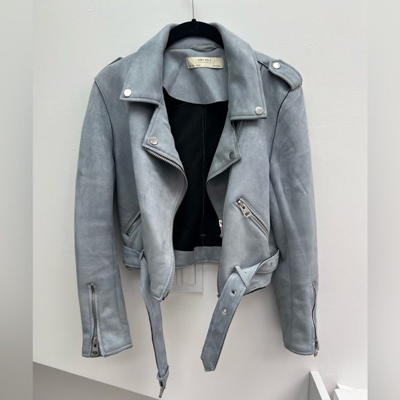 Zara Size large light blue faux suede motorcycle jacket with silver hardware - Picture 2 of 10